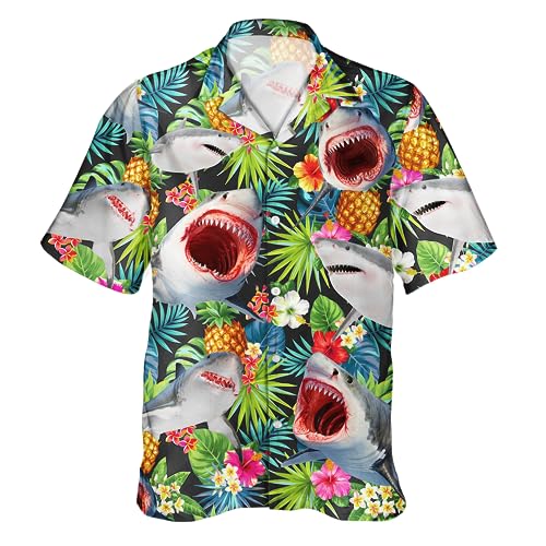QTValue Funky Hawaiian Shirt for Men Funny Tropical Casual Button Down Big Tall Hawaiian Shirts Shark