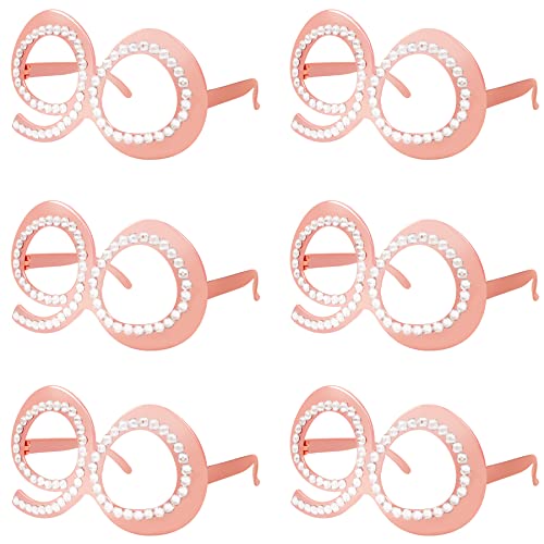 90th Birthday Glasses - 6 Pairs Rose Gold 90 Years Old Glasses with Rhinestones Frame, Funny Plastic Costume Photo Booth Props for 90th Anniversary Party Decorations