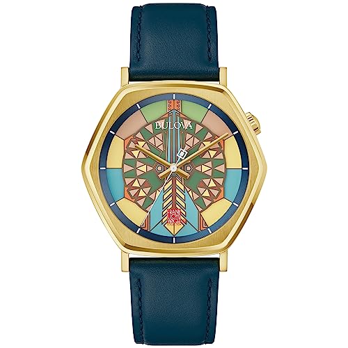 Bulova Men's Frank Lloyd Wright Limited Edition 'Imperial Hotel' Gold Stainless Steel 3 Hand Watch, Blue Leather Strap, and Mosaic Multi-Colored Dial (Model:97A177)