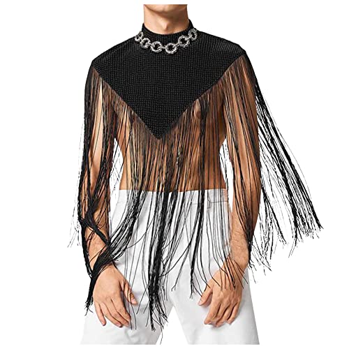 Fringe Hem Shirt for Men,Turtleneck Sexy Tank Top Tassel Shawl Sleeveless Cropped Top Party Club Pullover,Striped Shirt Mens Golf Shirts Funny Shirts T Shirts for Men(Black,Small)
