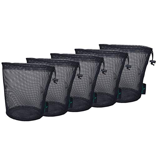 iBasingo 5pcs/lot Black Mesh Bag Nylon Sack Durable Drawstring Net Bag Small Travel Sleeping Bag Stuff Sack Mesh Storage Ditty Bag for Cosmetics Shower Gels Bottle Pot Tennis Golf Ball Tools BVP03