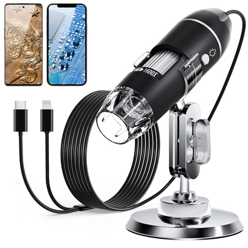 SKYBASIC USB Digital Microscope Camera, Handheld HD Inspection Camera 50x-1600x Magnification with Adjustable Stand, 8 LED Lights, Portable Microscopes Compatible with iOS & Android Devices（Black）