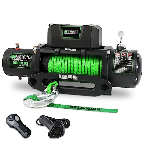 STEGODON New 9500 lb. Load Capacity Electric Winch S3,12V Waterproof IP67 Electric Winch with Hawse Fairlead, Synthetic Rope Winch with Wireless Handheld Remote and Wired Handle(Green-Rope)
