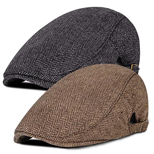 2 Pack Newsboy Hats for Men Classic Herringbone Tweed Wool Blend Flat Cap Ivy Cabbie Driving Hat E-Herringbone Black/Coffee 2 Pack