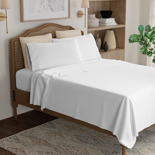 Color Sense Queen White, 100% Cotton Sheet Set, 300 Thread Count, Wrinkle-Resistant, Ultra Soft & Silky Sateen Hotel Quality Bed Sheets with Elasticized Deep Pocket, 4 Piece Cotton Bedding Set