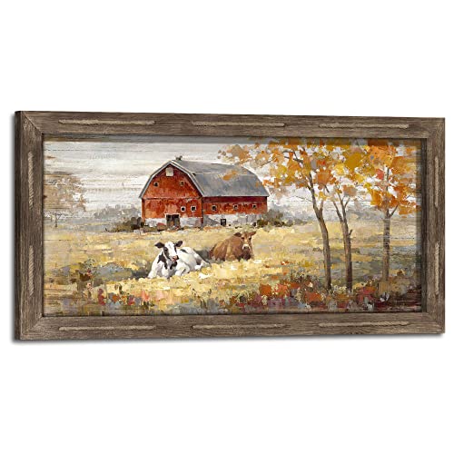 Farmhouse Wall Art Wood Print: Rustic Country Landscape Barn Framed Picture Horizontal Farm Animal Cow Cattle Painting Rural Countryside Scene Artwork Decor for Living Room Kitchen
