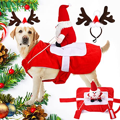 Frienda 2 Pcs Christmas Dog Costume Pet Santa Claus Riding Costume and Reindeer Antler Headband Christmas Party Dressing up Outfit for Small Medium Large Dogs Cats(XX-Large)