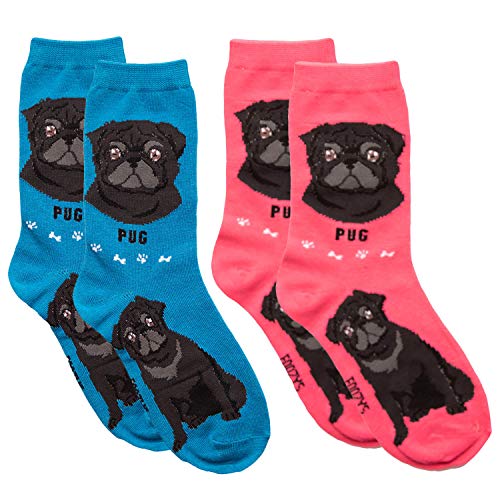Foozys Unisex Crew Socks | Canine Small Dog Breed Novelty Socks (2 Pair) (Pug-Black)