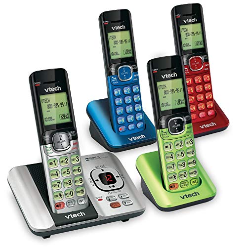 VTech CS6529-4B 4-Handset DECT 6.0 Cordless Phone with Answering System and Caller ID, Expandable up to 5 Handsets, Wall-Mountable, Blue/Green/Red/Silver