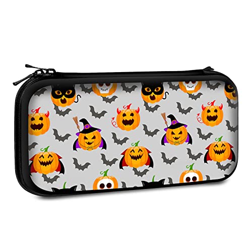 Carrying Case Compatible with Switch 2017 / Switch OLED 2021 Console Joy-Con with 10 Game Card Slots , Halloween evil pumking wearing witch hat and flying bat