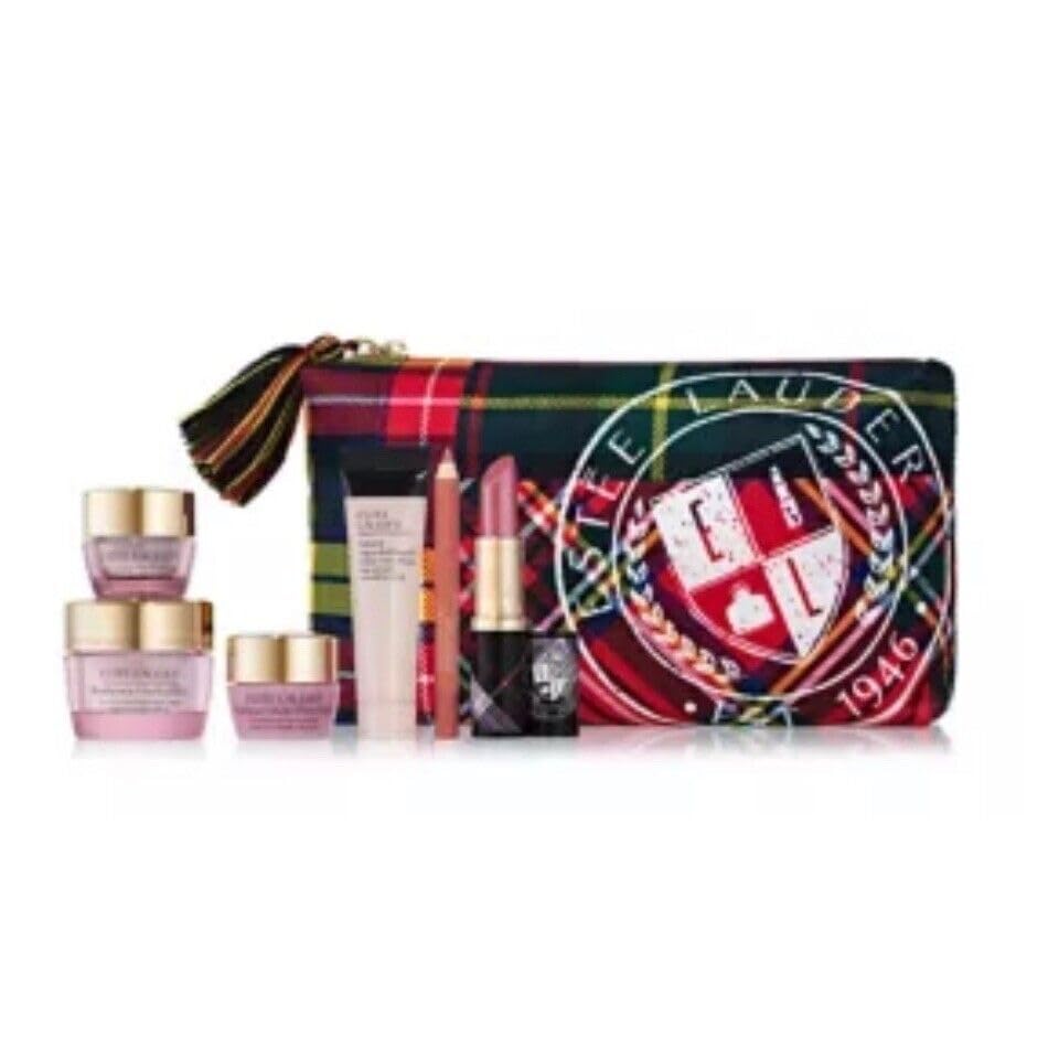 Estee Lauder 2023 Fall 7pcs Skincare and Makeup Gift Bag Includes Resilience Multi-Effect Tri-peptide Cream, Double Wear 24H Lip Liner, Futurist Watery Glow Primer, Zippered Makeup Bag