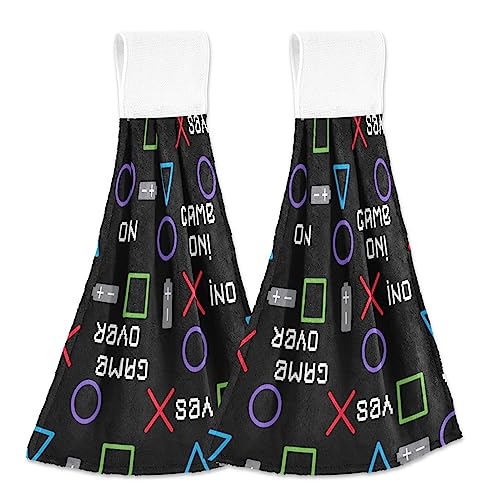 SLHKPNS Joysticks Gamepad Pixels Kitchen Hanging Hand Towels, Absorbent Tie Towel with Loop 2 PCS Kitchen Linen Sets for Bathroom Restroom Home Decor