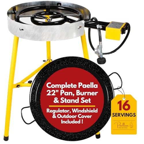 Paelluxe Complete Paella Pan Burner & Stand Set - Double Propane Burners 22 Inch Pan Set - Outdoor Gas Stove - Portable Cooking - Burner Table Top Burners - Camping Grill Backyard - Mother's Day Gifts