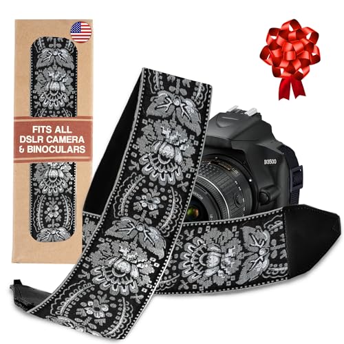 Camera Strap for All DSLR and Mirrorless Camera Including Binoculars. Embroidered Silver & Black Woven Christmas Gift & Stocking Stuffer Universal Neck & Shoulder Camera Strap, Gift for Photographers