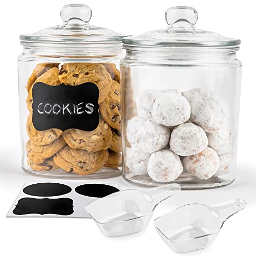 KooK Glass Kitchen Jars, Food & Cookie Storage Containers for Pantry, Bathroom Apothecary Canisters, Dishwasher Safe, with Chalk, Label, Plastic Scoops, 1/2 Gallon, Set of 2