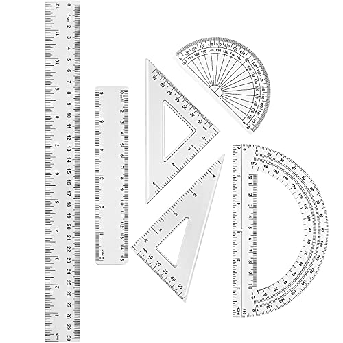 Tenare 1 Set Plastic Ruler Math Set Includes Protractor, Triangle Rulers, 12 Inch 6 Inch Straight Ruler Geometry Math Ruler Transparent Ruler Measuring Tool for School Office Home Supplies (Clear)
