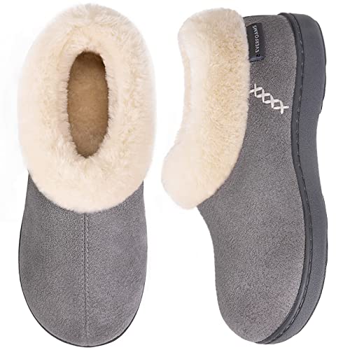 EverFoams Women's Micro Suede Cozy Memory Foam Winter Slippers with Fuzzy Faux Fur Collar and Indoor Outdoor Rubber Sole (Gray, Size 7-8 M US)