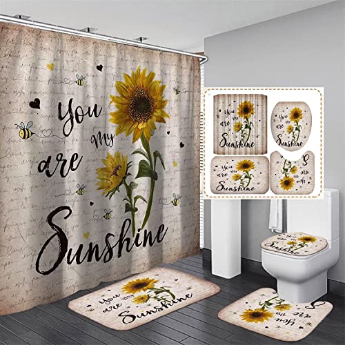 AZHM 4PCS Sunflower Shower Curtain Set with Rugs You are My Sunshine Bathroom Decor Set Bathroom Curtains Shower Set with 12 Hooks
