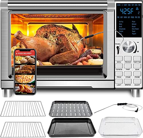 Nuwave Bravo XL Air Fryer Toaster Oven, 12-in-1 Countertop Convection, 30-QT Capacity, Integrated Temperature Probe, 50°-500°F Temperature Controls, Brushed Stainless Steel Look (Renewed)