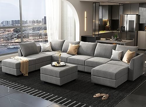 HONBAY Oversized Sectional Sofa with Wide Chaise Reversible Sectional Modular Sofa Couch with Ottomans U Shaped Corner Sectional with Storage for Living Room, Office, Spacious Space,Grey