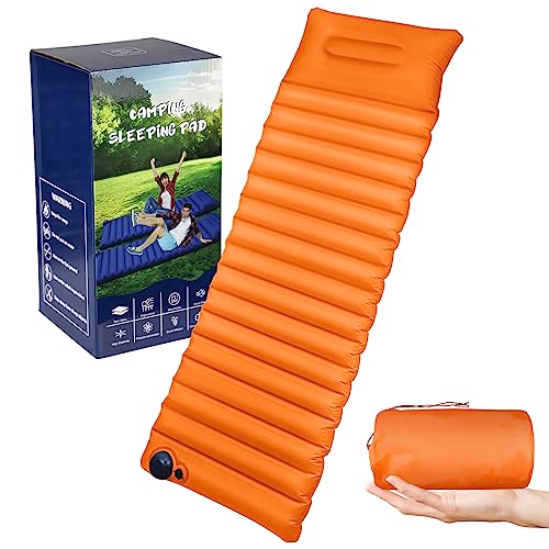 JOSEN Self-Inflating Sleeping Mats for Camping with Built-in Foot Pump,Camping Mattress Pad Ultralight Sleeping Mat with Pillow for Camping，Backpacking, Hiking, Tent, Traveling-Single Orange