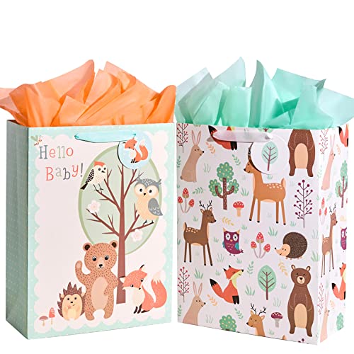 SUNCOLOR 16.5' Extra Large Gift Bags for Baby Shower with Tissue Paper(2 Pack, Hello Baby!)