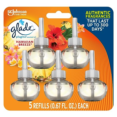 Glade PlugIns Refills Air Freshener, Scented and Essential Oils for Home and Bathroom, Hawaiian Breeze, 3.35 Fl Oz, 5 Count