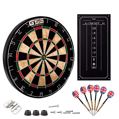 GSE 18' Bristle Dartboard Set with Self-Healing Sisal Fibers Board, Six 17 Grams Steel Tip Darts, Staple-Free Bullseye, Rotating Number Ring, Chalk & Dry Erase Scoreboard…