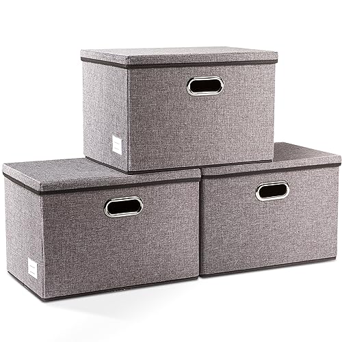 PRANDOM Large Collapsible Storage Bins with Lids [3-Pack] Linen Fabric Foldable Storage Boxes Organizer Containers Organization Baskets Cube Decorative for Bedroom Closet Clothes (17.7x11.8x11.8)