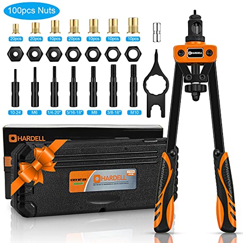 HARDELL Rivet Nuts Tool, 14' Hand Rivet Tool Kits with 100Pcs Rivet Nuts and 7 Metric & Inch Mandrels M6 M8 M10, 1/4-20, 5/16-18, 3/8-16, 10-24 and Rugged Carrying Case