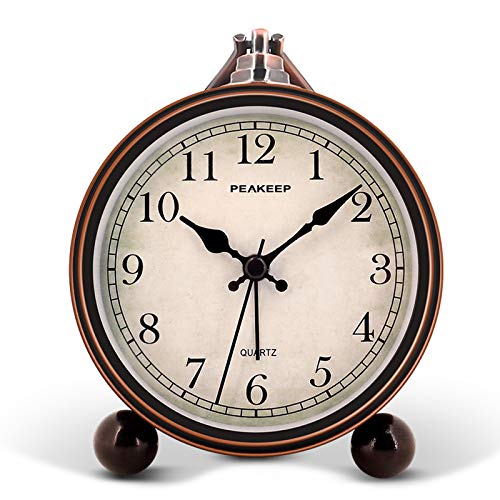 Peakeep 4' Battery Operated Antique Retro Analog Alarm Clock, Small Silent Bedside Desk Gift Clock