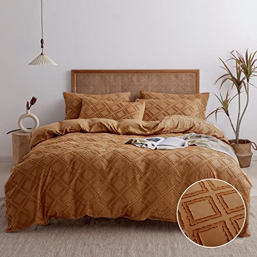 JELLYMONI Duvet Cover King, Rust Microfiber Tufted Duvet Cover Set, Boho Textured Duvet Cover Jacquard Rhombus Geometric Pattern Duvet Cover with Corner Ties & Zipper Closure