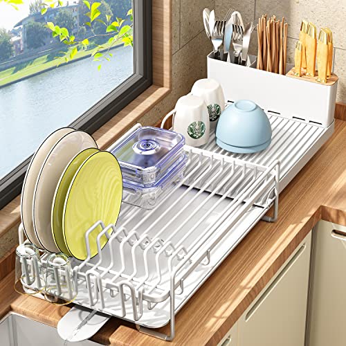 PXRACK Dish Drying Rack, Expandable(19.1'-26.9') Large Capacity Dish Rack and Drainboard Set, Stainless Steel Dish Drainers with Utensil Holder for Kitchen Counter, White