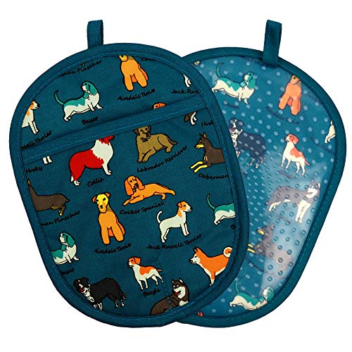 Pot Holders Set of 2 with Transparent Clear Silicone Shell and Nice Dog Flower Cotton Lining, Heat Resistant to 500 F Kitchen Oven Gloves Pot Holder for Cooking (Blue Dog, Potholders)