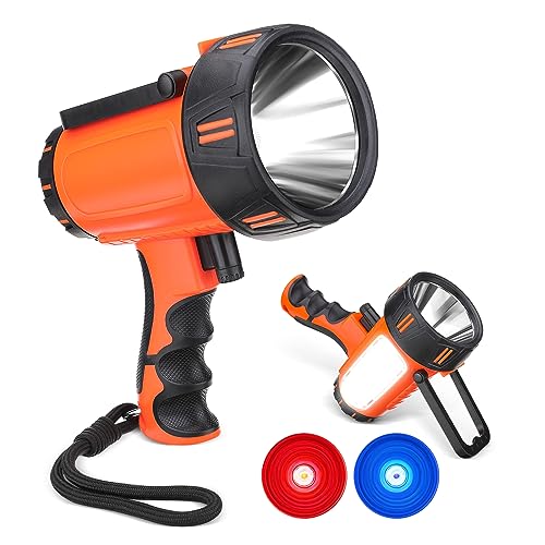 THORFIRE Rechargeable Spotlight Flashlight, 200000 Lumen Outdoor Handheld Spot Light 6 Modes Searchlight IP65 Waterproof Flood Light 2 Colors Lenses for Camping Boating Hunting Farm
