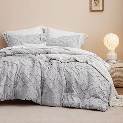 Bedsure Boho Comforter Set King - Light Grey Tufted Shabby Chic Bedding Comforter Set for All Seasons, 3 Pieces Western Comforter Set, Farmhouse Modern Bed Set for Women Men Girls