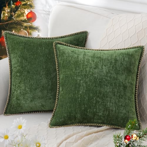 decorUhome Christmas Chenille Soft Throw Pillow Covers 18x18 Set of 2, Farmhouse Velvet Pillow Covers, Decorative Square Pillow Covers with Stitched Edge for Couch Sofa Bed, Forest Elf