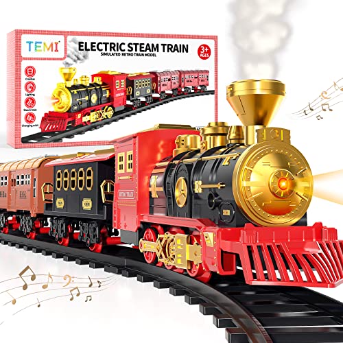 TEMI Train Set with Steam Locomotive Engine, Cargo Car and Long Track for Toddlers 3-5, Rechargeable Battery Operated Play Train Toys with Smoke, Light & Sounds, Gift for Kids, Boys & Girls 4-7 Years