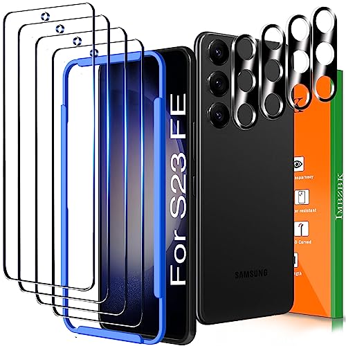 IMBZBK 4 Pack Screen Protector for Samsung Galaxy S23 FE 5G Tempered Glass with 4 Pack Camera Lens Protector Accessories, Mounting Frame, 9H Hardness, Case Friendly, Fingerprint Compatible, HD Clear