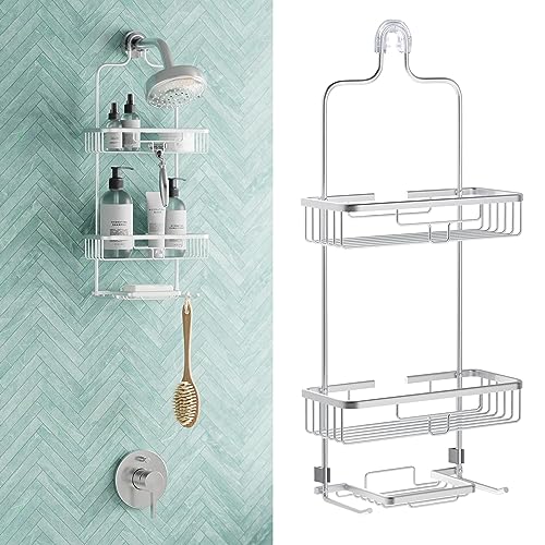 Zenna Home Hanging Shower Caddy, Over the Shower Head Bathroom Storage, Rustproof, No Drilling, Bath Organizer with 2 Shelves, Soap Tray, Razor Holders and Hooks, Satin Chrome