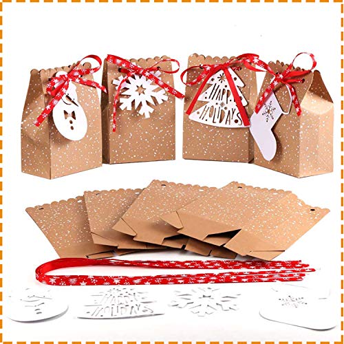 OurWarm 24-Piece Kraft Paper Gift Bags Assortment with Holiday Tags for Christmas Party Favors, 5 x 3 x 7 Inches