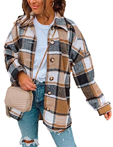 Yeokou Women's Fall Color Block Plaid Flannel Shacket Jacket Button Down Shirt Coat Tops（Khaki-S）