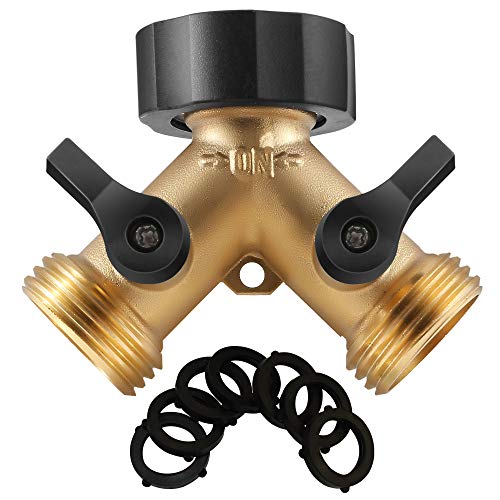 IPOW Brass Heavy Duty 2 Way Y Valve Garden Hose Splitter Adapter High Flow Spigot Splitter + 6 Rubber Hose Washers with Comfort Grip Use