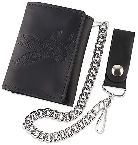 RFID Blocking Men's Tri-fold Vintage Biker Cowhide Top Grain Leather Steel Chain Wallet,Snap closure, Made In USA,tc315-42 eagle,black
