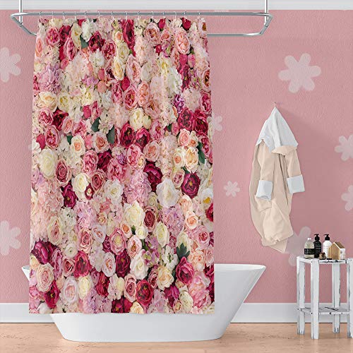 OERJU Floral Shower Curtain Red and Pink Rose Flowers Vivid Bright Spring Wedding Beautiful Women Bath Curtain Waterproof Polyester Fabric Bathroom Decor Set with Hooks 72x72inch
