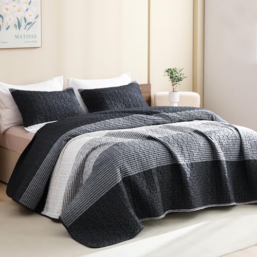 Litanika Quilt Queen Size Grey and Black and White, Gray Stripe Patchwork Summer Bedspread Coverlet 3 Pieces, Soft Lightweight Microfiber Quilted Bedding Set for All Season(1 Quilt, 2 Pillowcases)