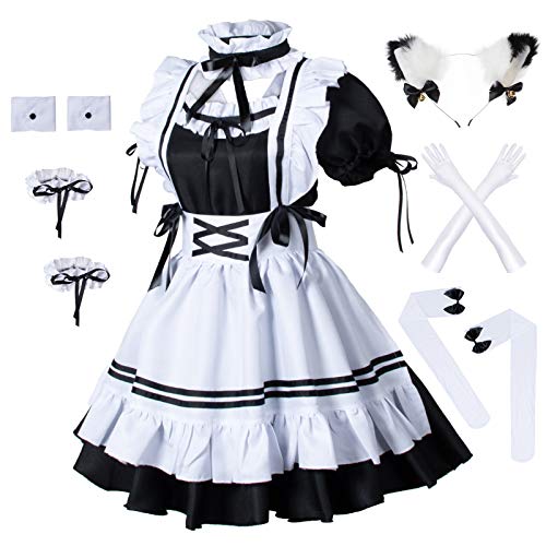 Anime French Maid Apron Lolita Fancy Dress Cosplay Costume Furry Cat Ear Gloves Socks Set(S)