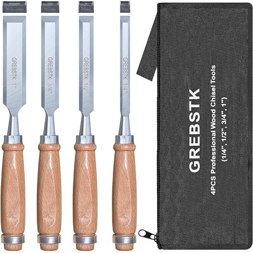 GREBSTK Professional Wood Chisel Set for Woodworking, Sturdy Chrome Vanadium Steel Beech Handle Chisel with Oxford Bag, 4pcs(1/4', 1/2', 3/4', 1'), Length: 9.5'