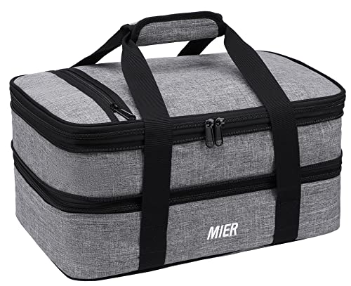 MIER Insulated Double Casserole Carrier Thermal Lunch Tote for Potluck Parties, Picnic, Beach, Fits 9 x 13 Inches Casserole Dish, Expandable by Mid Zipper, Gray