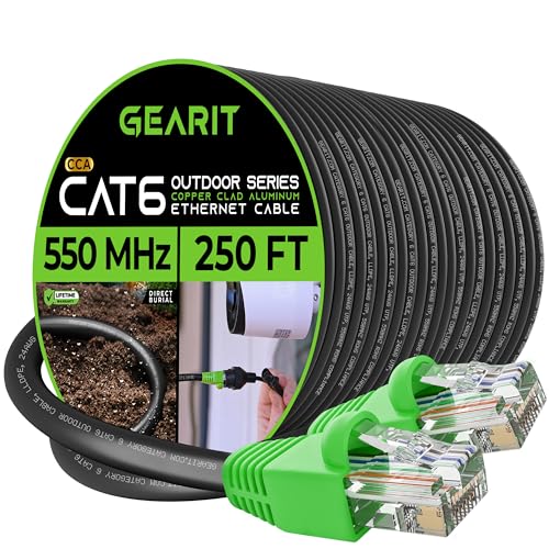 GearIT Cat6 Outdoor Ethernet Cable (250 Feet) CCA Copper Clad, Waterproof, Direct Burial, In-Ground, UV Jacket, POE, Network, Internet, Cat 6, Cat6 Cable - 250ft for Personal Computer